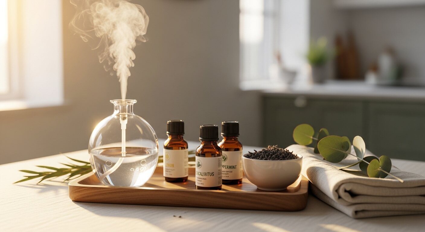 A fresh and clean home scent essential oil combo displayed on a wooden tray with a glass diffuser, amber oil bottles, and eucalyptus sprigs in warm natural light.