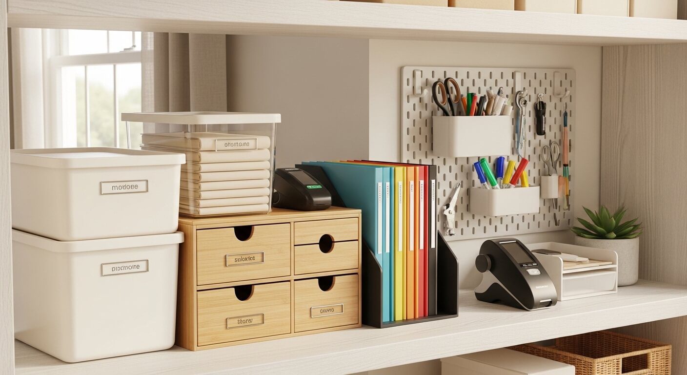 A styled flat-lay of the best home organization tools including clear labeled bins, drawer dividers, a label maker, and a desktop file organizer arranged on clean white shelving in a bright organized home.