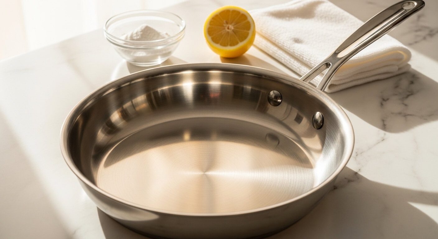 A sparkling clean stainless steel pan on a marble countertop alongside baking soda and lemon, ready for natural cleaning.