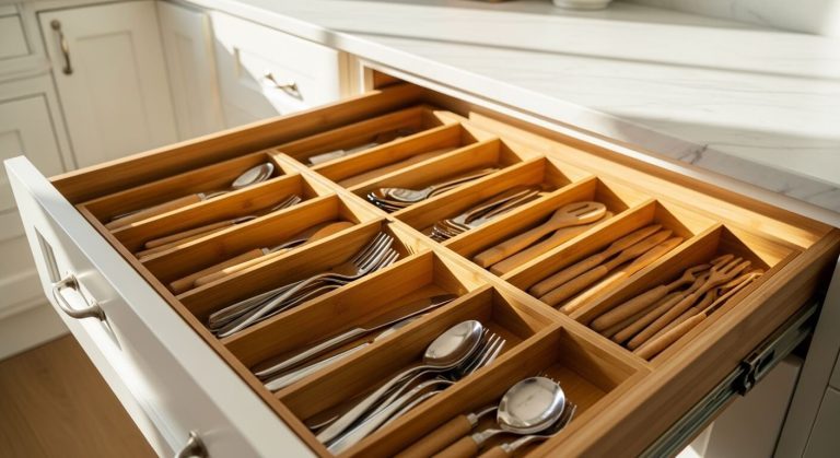 A neatly organized kitchen drawer filled with bamboo kitchen drawer organizers sorting utensils and silverware into tidy compartments