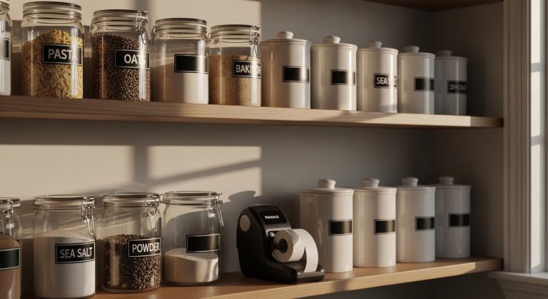 A collection of the best label maker ideas displayed on a neatly organized pantry shelf with labeled glass jars and a Brother label maker beside them.
