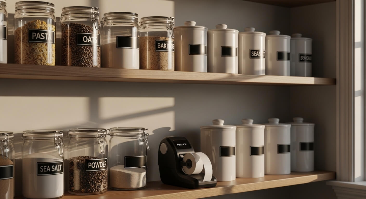 A collection of the best label maker ideas displayed on a neatly organized pantry shelf with labeled glass jars and a Brother label maker beside them.