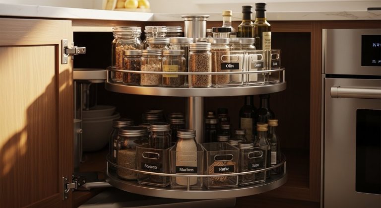 A two-tier lazy susan organizer inside a kitchen cabinet, neatly loaded with spice jars, labeled bins, and pantry bottles in warm natural light.