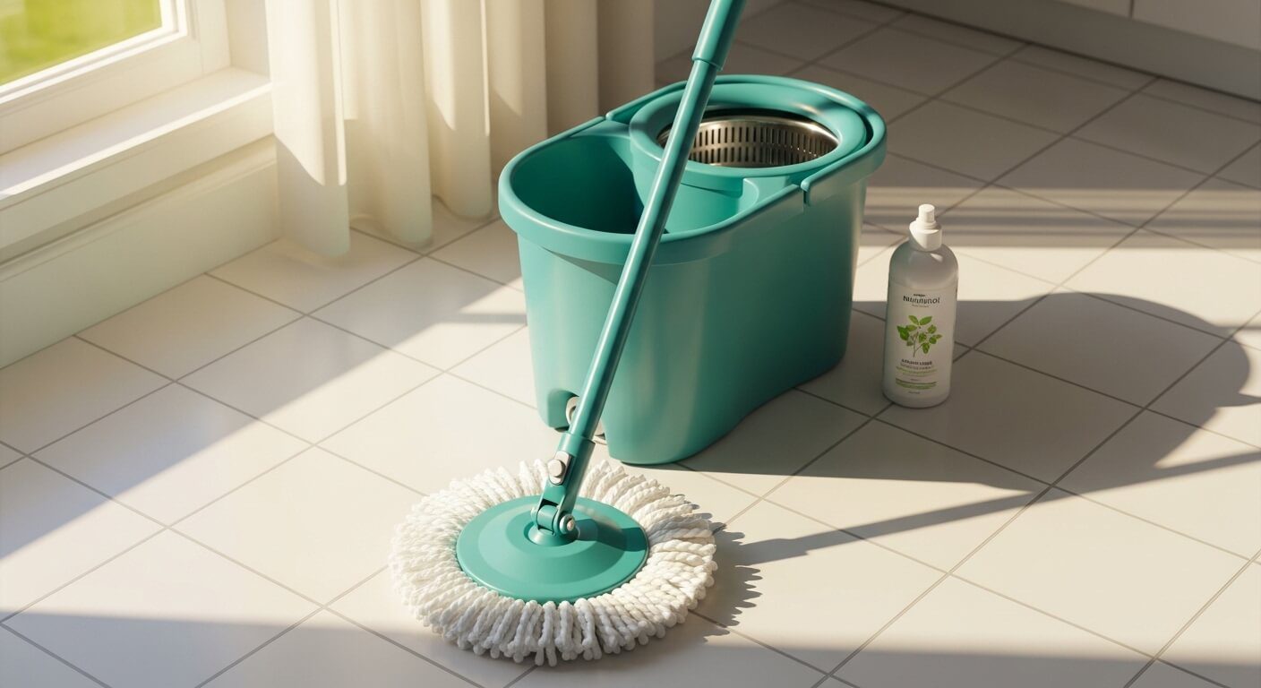 A spin mop and bucket set placed on clean white tile flooring in a bright kitchen, ready for use.