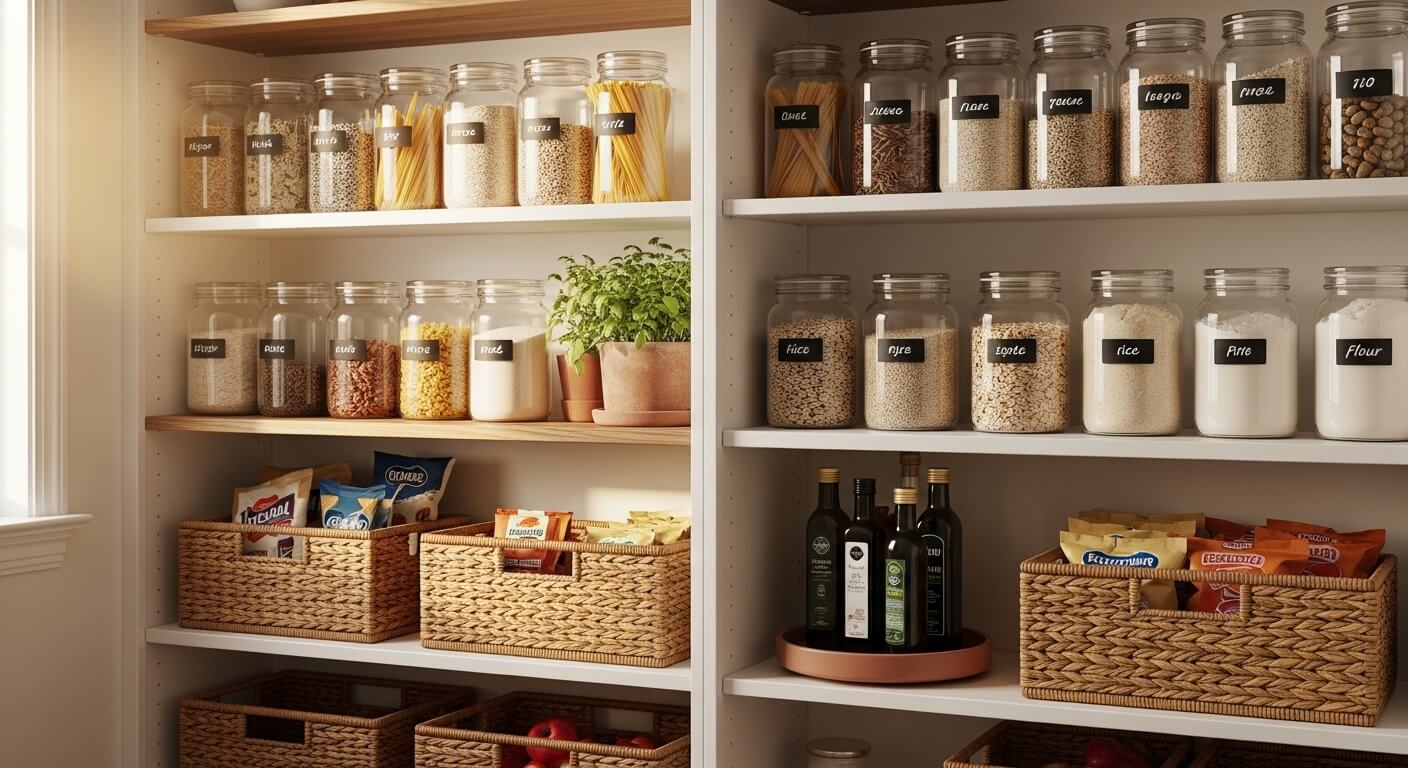 A neatly organized kitchen pantry shelf system with clear labeled canisters, wicker baskets, and a lazy susan — a complete guide to pantry organization.