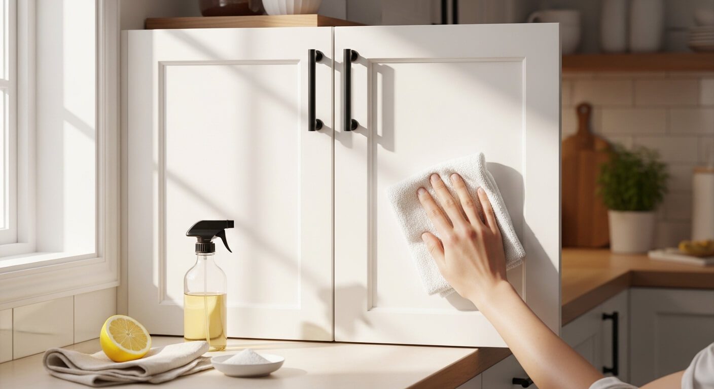 Close-up of a clean white kitchen cabinet being wiped with a microfiber cloth — showing how to remove grease from kitchen cabinets using a natural cleaning solution.
