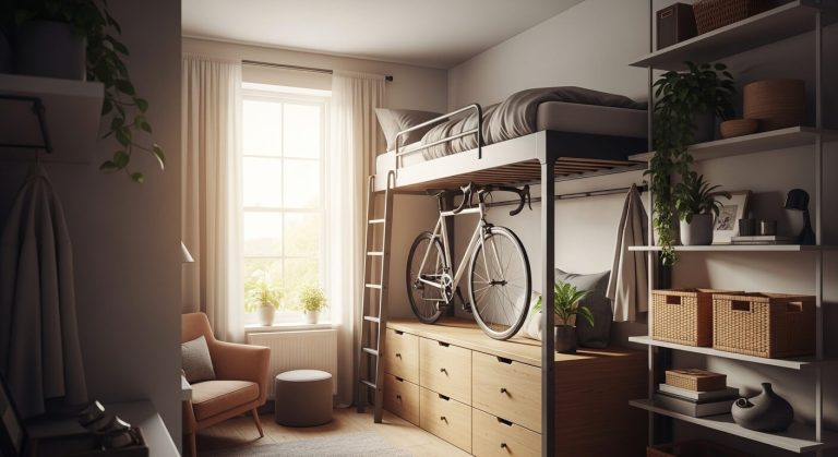 A bright and well-organized living space demonstrating clever small apartment storage ideas including under-bed wooden drawers and a wall-mounted bicycle rack.
