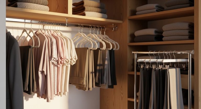 Neatly organized closet rod using space saving hangers including cascading velvet styles and a multi-bar trouser rack for pants.
