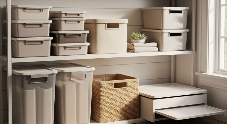A neatly organized shelf displaying various storage bins including clear, stackable, and canvas options arranged for efficient home organization.