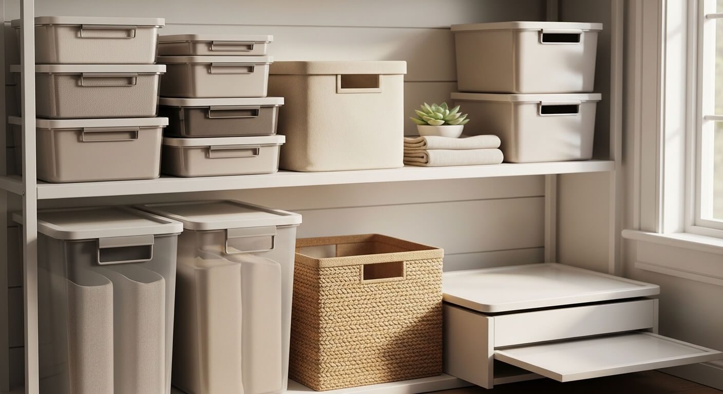 A neatly organized shelf displaying various storage bins including clear, stackable, and canvas options arranged for efficient home organization.