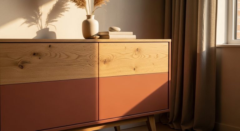 A two-tone furniture makeover featuring a natural white oak sideboard top paired with a matte terracotta painted base, styled with dried botanicals against a warm plaster wall