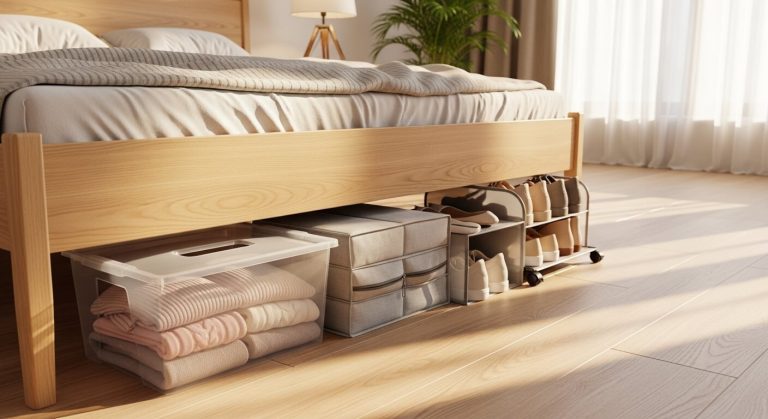Neatly organized under bed storage bins with wheels and lids pulled out from beneath a light wood bed frame on hardwood flooring.