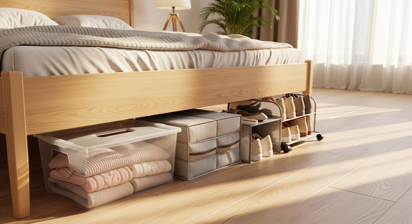 Neatly organized under bed storage bins with wheels and lids pulled out from beneath a light wood bed frame on hardwood flooring.