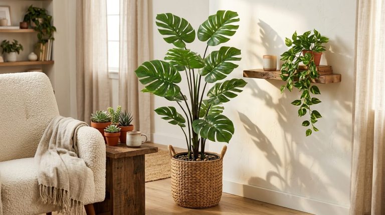 A beautifully styled living room corner with tall artificial plants for home decor including a monstera in a rattan basket and trailing faux pothos on a floating shelf, bathed in warm afternoon light.
