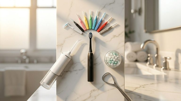 A curated flat-lay of the best teeth cleaning tools for home use including an electric toothbrush, water flosser, interdental brushes, and tongue scraper arranged on a white marble countertop.