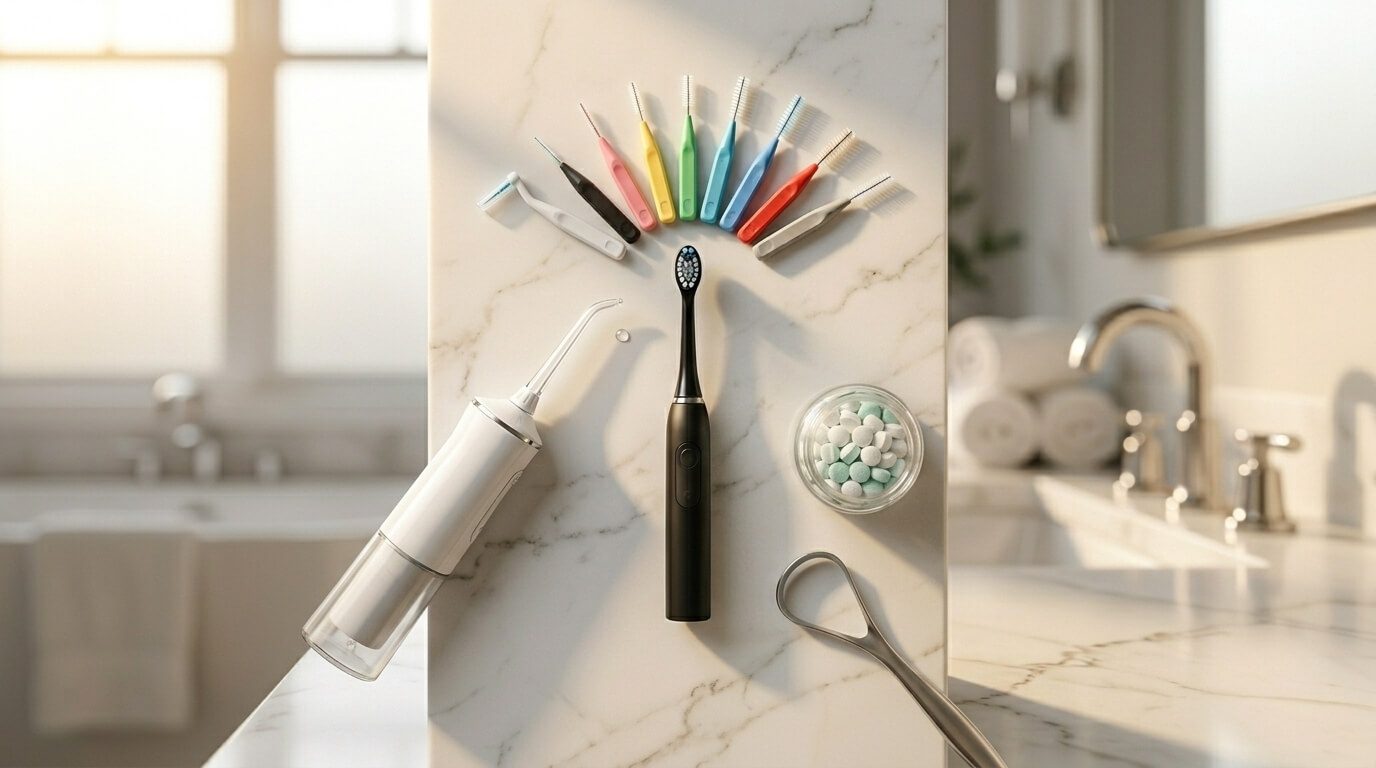 A curated flat-lay of the best teeth cleaning tools for home use including an electric toothbrush, water flosser, interdental brushes, and tongue scraper arranged on a white marble countertop.