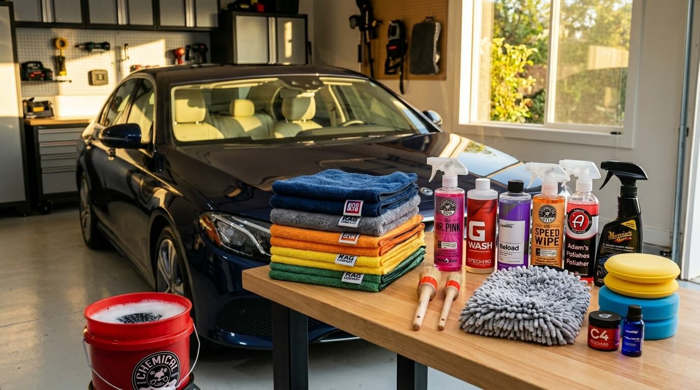 Complete car cleaning kit with microfiber towels, detailing brushes, and premium cleaning products arranged on garage workbench.