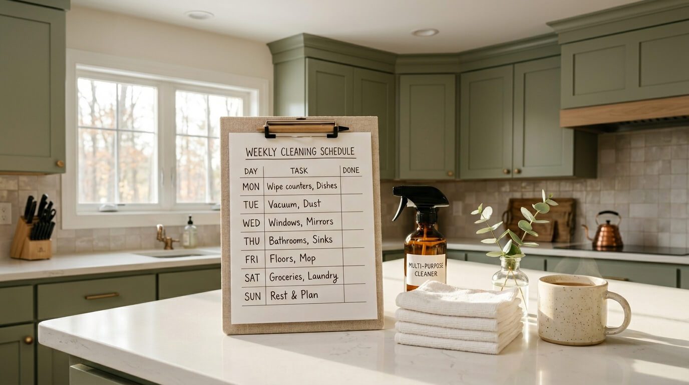 A neatly written cleaning schedule for home displayed on a clipboard on a kitchen counter surrounded by eco-friendly cleaning supplies in warm natural light.