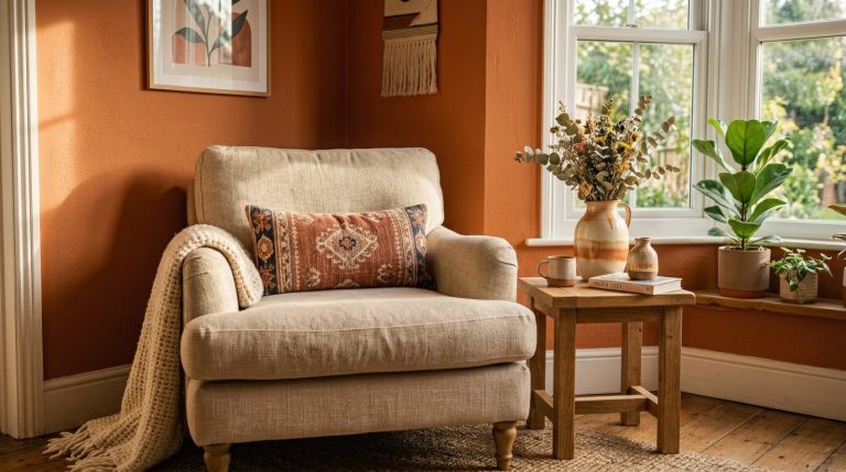 Cozy wall colors — warm terracotta living room wall behind a linen armchair in golden afternoon light.