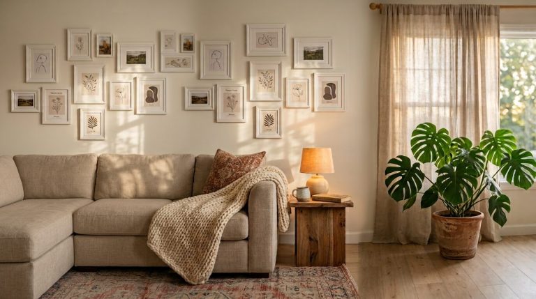 DIY home decor ideas on a budget — cozy living room corner with a gallery wall, thrifted terracotta pot monstera, layered rugs, and warm table lamp