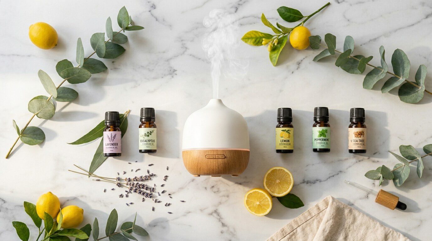 Fresh and clean home scent essential oil combo displayed with elegant diffuser and natural botanical ingredients on marble surface