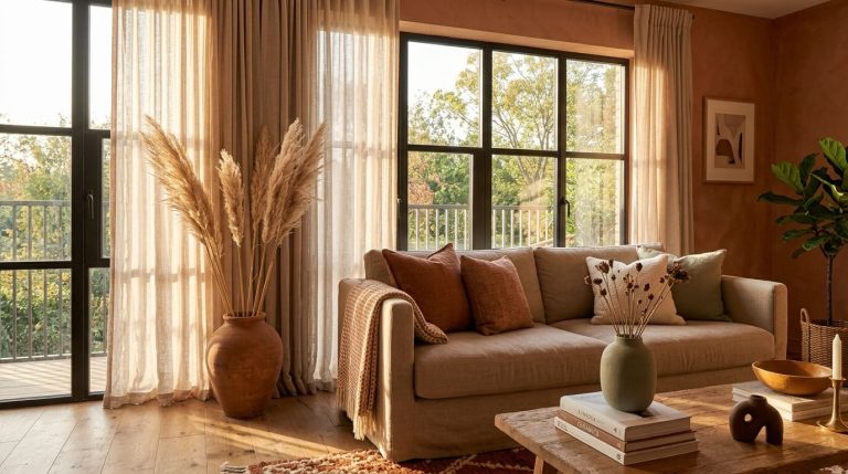 Home color palette inspiration — a warm earth tone living room interior featuring terracotta walls, linen furnishings, and layered neutral accents in a harmonious whole-home palette.
