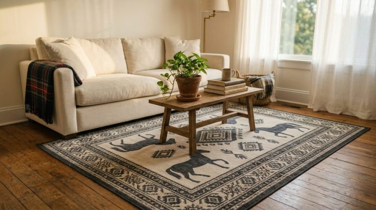 A budget-friendly horse rug for the home displayed in a warmly lit rustic living room with linen sofa and hardwood floors, showcasing how horse rugs for the home cheap can elevate any interior.