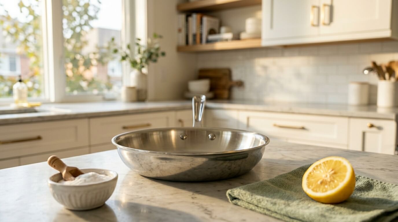 A sparkling clean stainless steel pan on a marble countertop with natural cleaning supplies, showing how to clean stainless steel pans effectively at home.