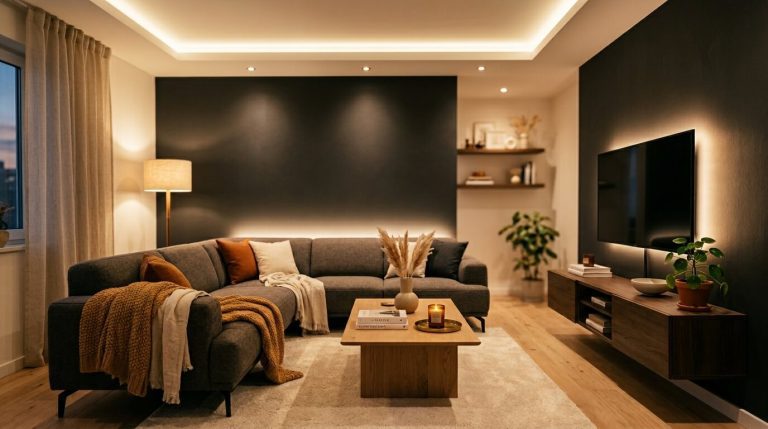 Layered LED lights for living room including warm ceiling cove strips, recessed downlights, and bias lighting behind a modern TV wall.