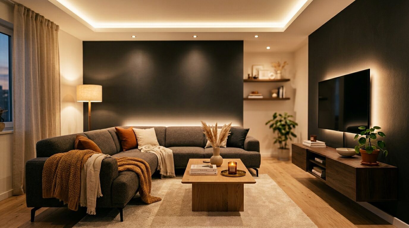 Layered LED lights for living room including warm ceiling cove strips, recessed downlights, and bias lighting behind a modern TV wall.