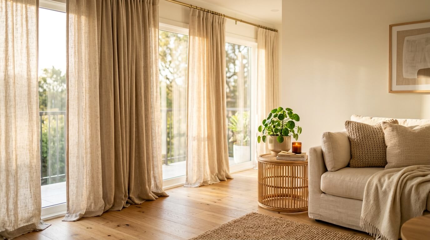 Living room curtain ideas — floor-length linen panels in warm oatmeal tones diffusing afternoon sunlight through large windows in a modern neutral living room.