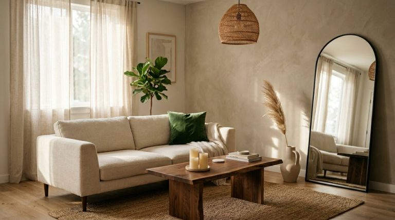 A warm, elegantly curated modern home decor living room with a linen sofa, live-edge coffee table, arched mirror, and layered organic textures in neutral tones.