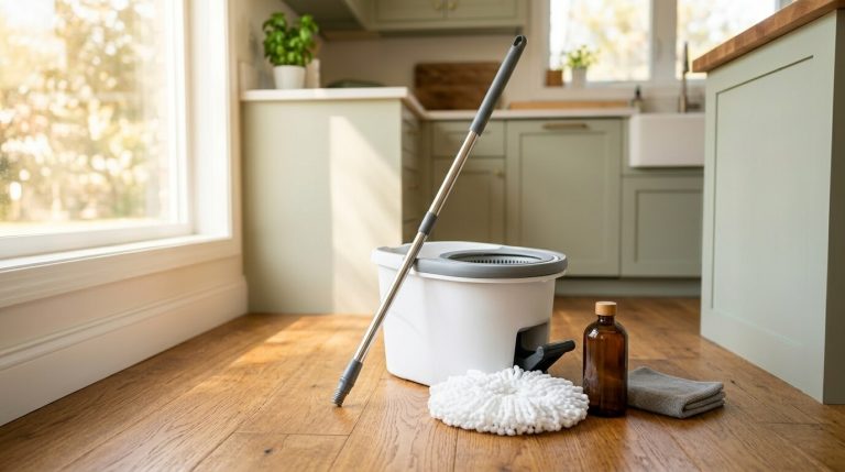 A spin mop and bucket set with microfiber head resting on polished hardwood flooring, representing a complete mop and bucket guide for modern homes.