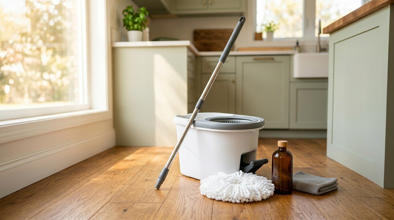 A spin mop and bucket set with microfiber head resting on polished hardwood flooring, representing a complete mop and bucket guide for modern homes.