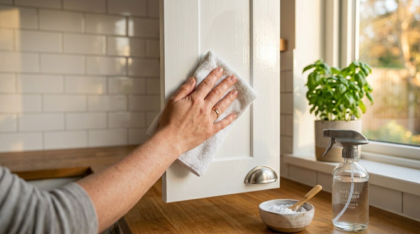 Close-up of a person using a white microfiber cloth to remove grease from kitchen cabinets, with natural cleaning supplies visible on the countertop below.