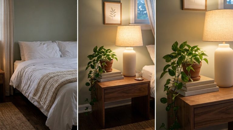 Table lamps for bedroom — warm glowing ceramic base lamp on a walnut nightstand styled with books and a trailing plant in a cozy, softly lit bedroom.